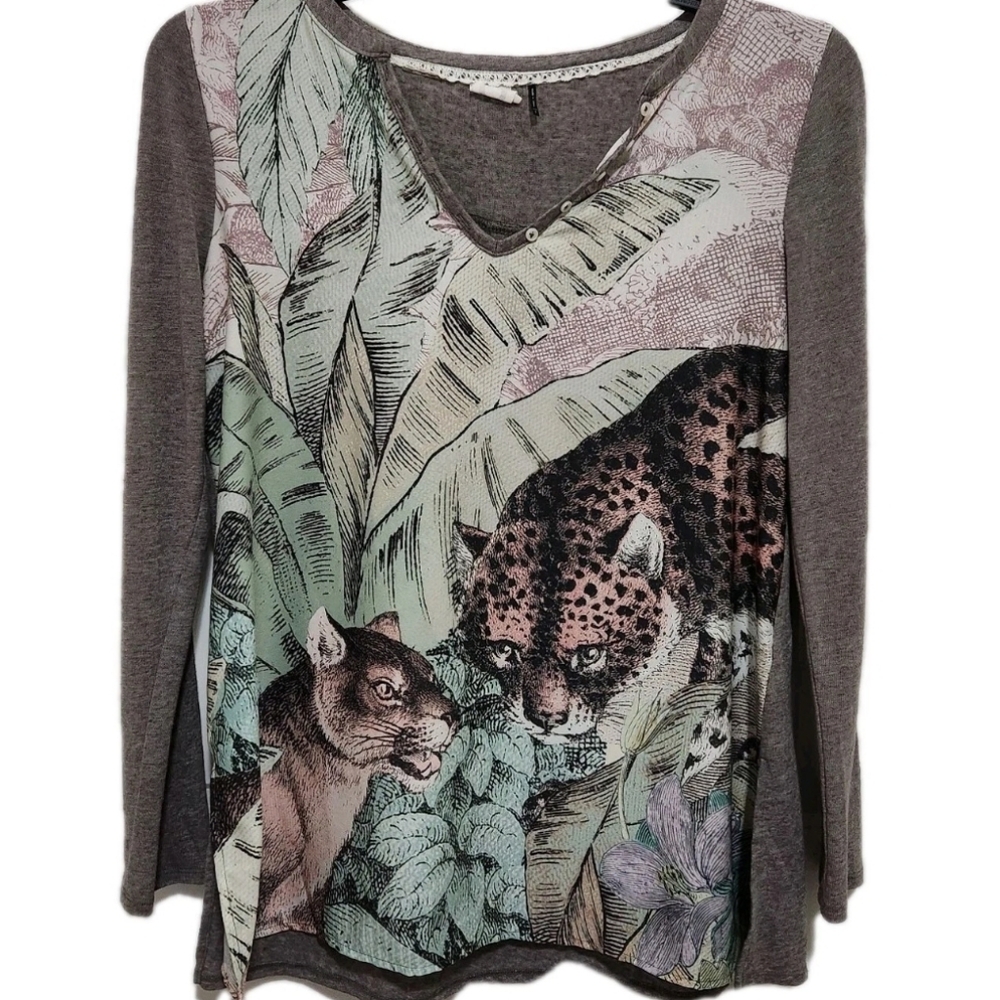 Anthropologie Akemi + Kin Linen Blend Fauna Tiger Tunic Top Longsleeve